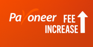 Payoneer logo with fee increase alert and upward arrow on orange background
