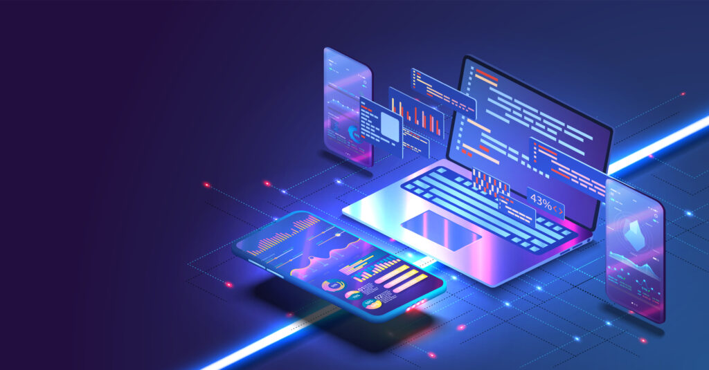 Futuristic laptop and mobile screens with graphs, charts, and code blocks.